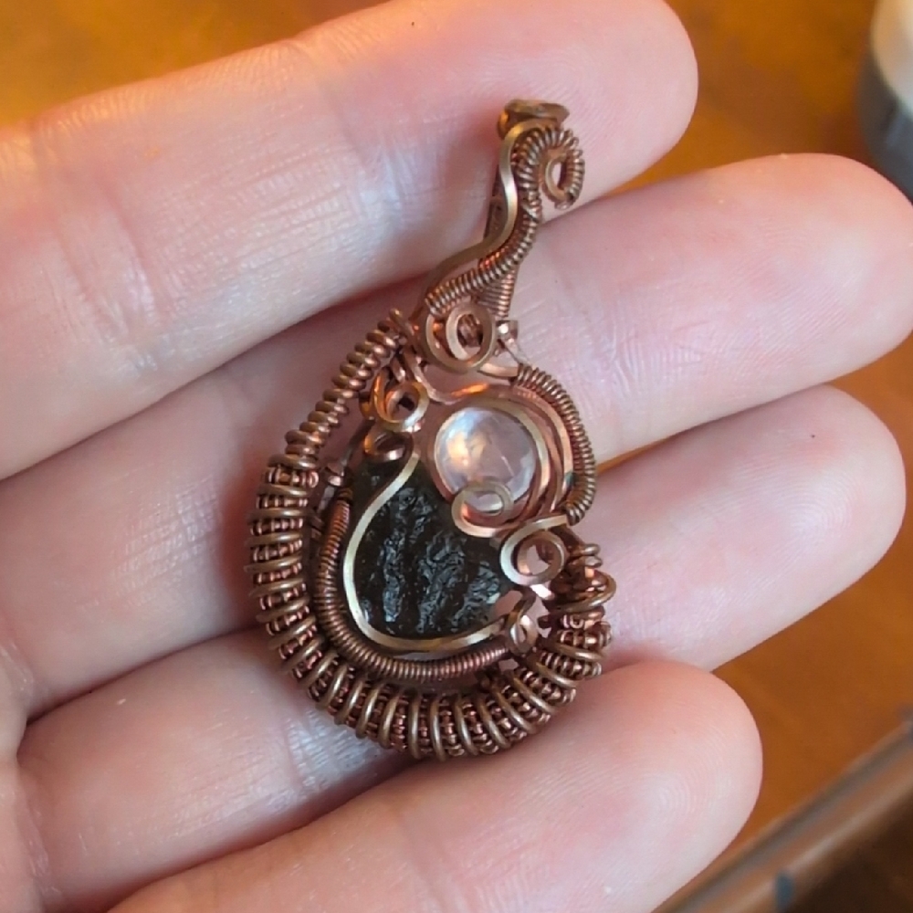 Moldavite And Moonstone Wire Wrapped Pendant
